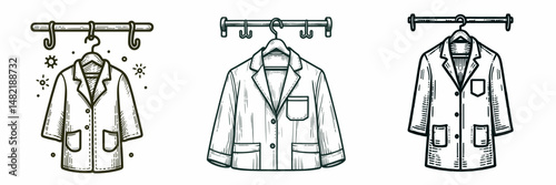 Protective lab coat rack. Tools Equipment Hardware Construction Repair Diy Clipart Line Art Vector Illustration. Secure frock display fixture safeguarding clothing within research setting.