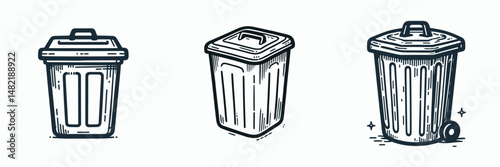 Plastic bin. Tools Equipment Hardware Construction Repair Diy Clipart Line Art Vector Illustration. Sturdy synthetic container household storage solution for proper refuse disposal.
