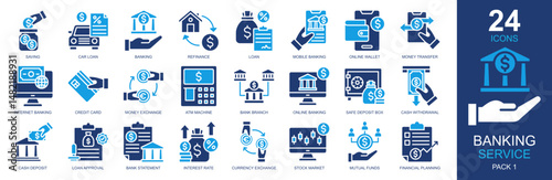 Banking Service Icons set vector illustration. Containing saving, loan, banking, bank statement, financial planning and more. Simple solid icons collection.