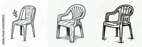 Plastic chair. Tools Equipment Hardware Construction Repair Diy Clipart Line Art Vector Illustration. Sturdy resin seat furnishing home furniture for interior exterior relaxation.