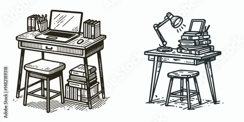 Library work stool. Tools Equipment Hardware Construction Repair Diy Clipart Line Art Vector Illustration. Reading room seat adjustable height perch for study tasking and learning.