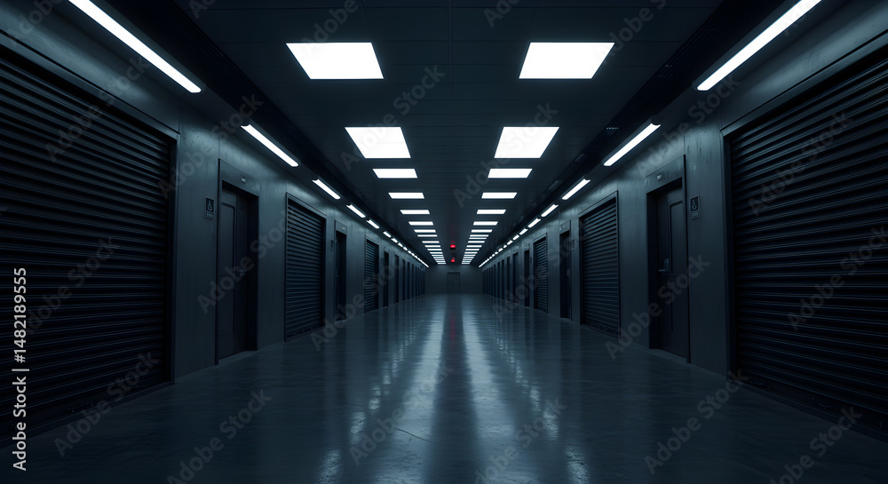 Fototapeta premium Dimly Lit Hallway with Rows of Metallic Doors and Reflective Floors Under Overhead Lights Dark Interior Building Architecture
