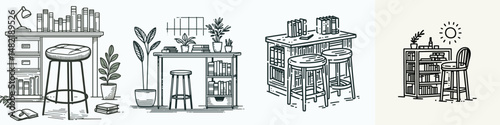 Library counter stool. Tools Equipment Hardware Construction Repair Diy Clipart Line Art Vector Illustration. Study room perch elevated seat tall archive chair for reading area.