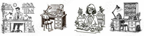 Librarian desk. Tools Equipment Hardware Construction Repair Diy Clipart Line Art Vector Illustration. Library workplace reading room station scholarly worktable information access.