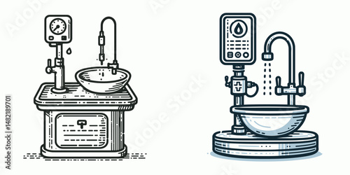 Lab eye wash station. Tools Equipment Hardware Construction Repair Diy Clipart Line Art Vector Illustration. Chemistry facility ocular irrigation equipment safety fixture for chemical.