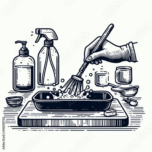 Lab cleaning tray. Tools Equipment Hardware Construction Repair Diy Clipart Line Art Vector Illustration. Workspace hygiene implement germ removal basin for chemical bio research.