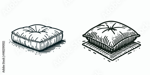 Floor cushion. Tools Equipment Hardware Construction Repair Diy Clipart Line Art Vector Illustration. Comfort padding relaxation lounge pouf room accent decor home furnishing.