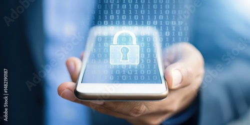 A hand holding a smartphone displays a digital lock overlay, symbolizing cybersecurity and data protection.