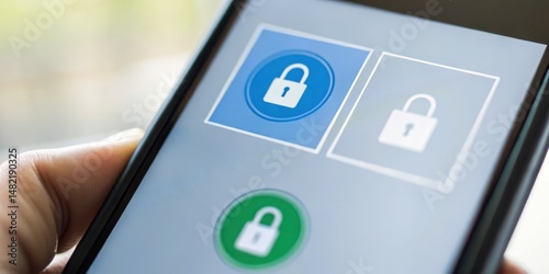 A hand holding a smartphone displaying security lock icons in various colors, indicating options for secure access.