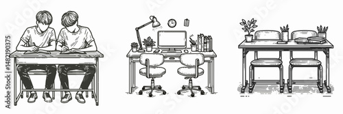 Double student desk. Tools Equipment Hardware Construction Repair Diy Clipart Line Art Vector Illustration. Study workstation two-person learning center collaborative school writing area.