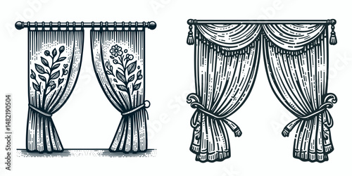 Curtains. Tools Equipment Hardware Construction Repair Diy Clipart Line Art Vector Illustration. Window dressing elegant textile drop for home decor and privacy enhancement.
