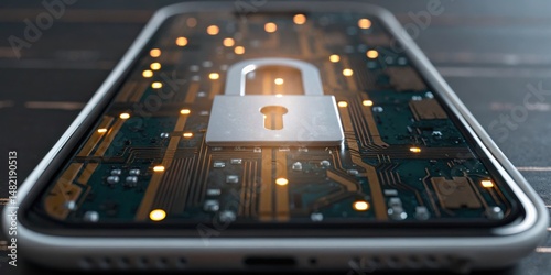 A smartphone with a lock symbol over a circuit board, symbolizing security and technology.
