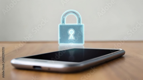 A smartphone rests on a wooden surface, with a digital padlock symbol hovering above it, representing security and privacy in technology.