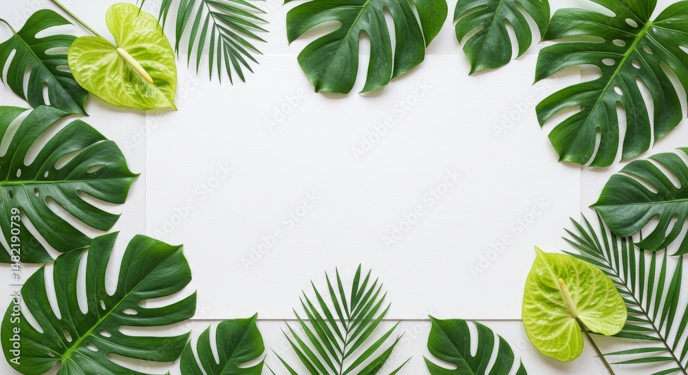 Naklejka premium Tropical Leaves Frame Background Illustration On White Tiles