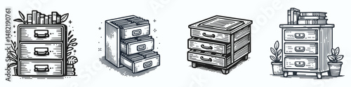 Catalog drawer. Tools Equipment Hardware Construction Repair Diy Clipart Line Art Vector Illustration. Inventory directory sliding receptacle arranging information in crafted storage unit.