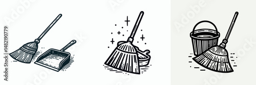 Broom and dustpan. Tools Equipment Hardware Construction Repair Diy Clipart Line Art Vector Illustration. Sweeping aid waste receptacle maintaining tidy home clean apartment ordered.