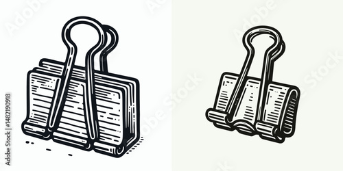 Binder clip. Tools Equipment Hardware Construction Repair Diy Clipart Line Art Vector Illustration. Metal grasp tool securing paper organization basic office supply element.