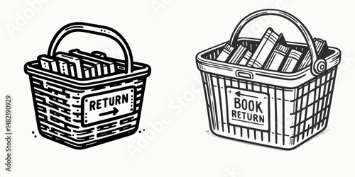 Book return basket. Tools Equipment Hardware Construction Repair Diy Clipart Line Art Vector Illustration. Library item drop container lending material receptacle for homecoming.