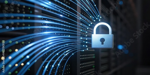 Digital lock symbol overlaid on data streams, representing cybersecurity and data protection technologies.
