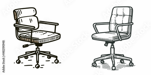 Attached desk chair. Tools Equipment Hardware Construction Repair Diy Clipart Line Art Vector Illustration. Connected workstation seating linked office swivel armchair for computer work.
