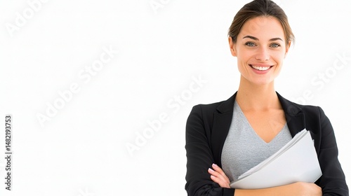 Female Financial Advisor Smiling with Paperwork in Professional Setting