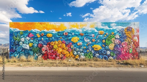 A vibrant street art mural depicting the importance of recycling and protecting the environment 