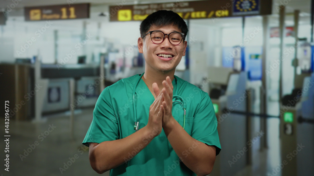 Obraz premium Young chinese man in green medical scrubs clapping at an airport terminal indoors with signs in the background.