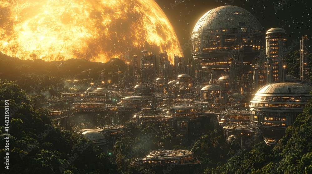 Fototapeta premium Futuristic Metropolis in a Jungle Landscape