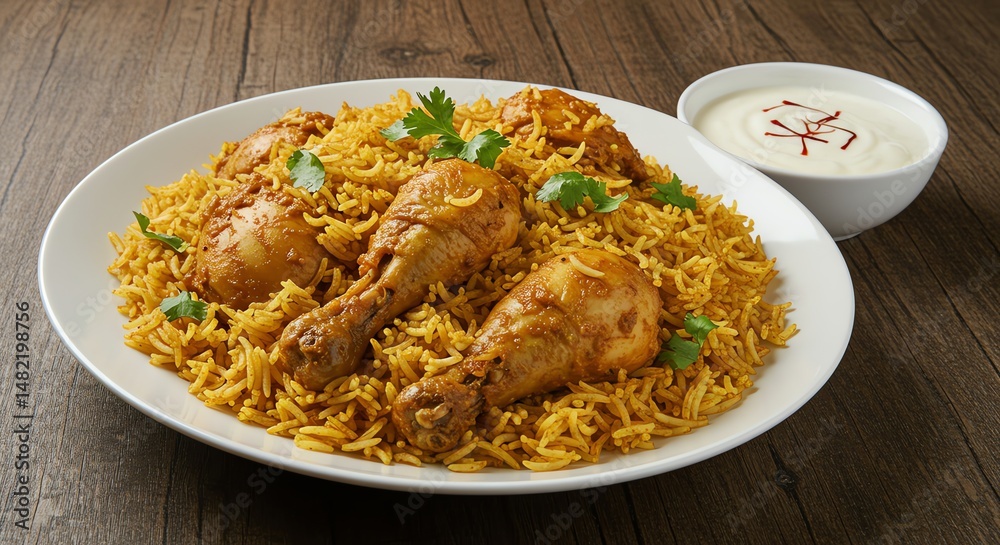 Chicken and Rice Dish Served on Plate with Sauce Chicken and Rice Dish Served on Plate with Sauce
