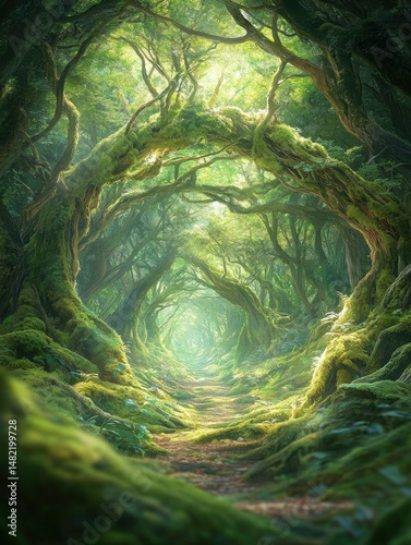 Enchanted Forest Path Lush Green Mossy Trees Sunlight Nature Scene art view calm dark road woods