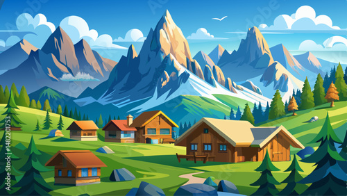  Traditional wooden chalets rest beneath towering cliffs, framed by vibrant green meadows and snow-capped peaks in the distance. Nature and culture coexist in perfect serenity.

