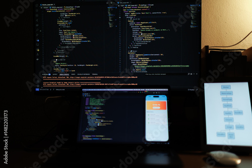 A focused app developer working on code at a computer, creating and testing features for a modern mobile application.