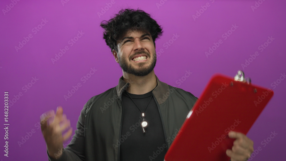 Young man with beard looking stressed against pink background holding clipboard with a purple backdrop. Young man with beard looking stressed against pink background holding clipboard with a purple backdrop.