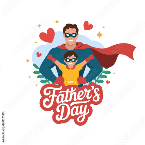 Father's Day concept illustration, Father and son wearing superhero costumes flat vector illustration