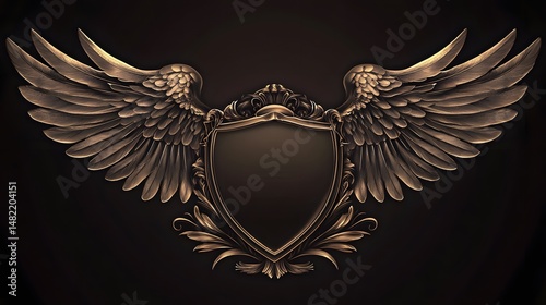 Photograph of detailed, ornate gold wings frame a decorative shield against a dark background.
