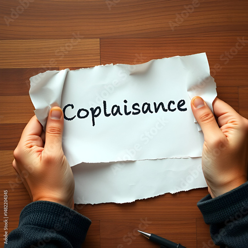 Hands tearing off paper with inscription complaisance