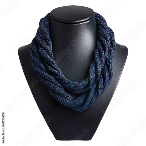 3d render of oven thread necklace, hand-dyed indigo fibers, knotted centerpiece, black leather mannequin stand isolated on transparent background