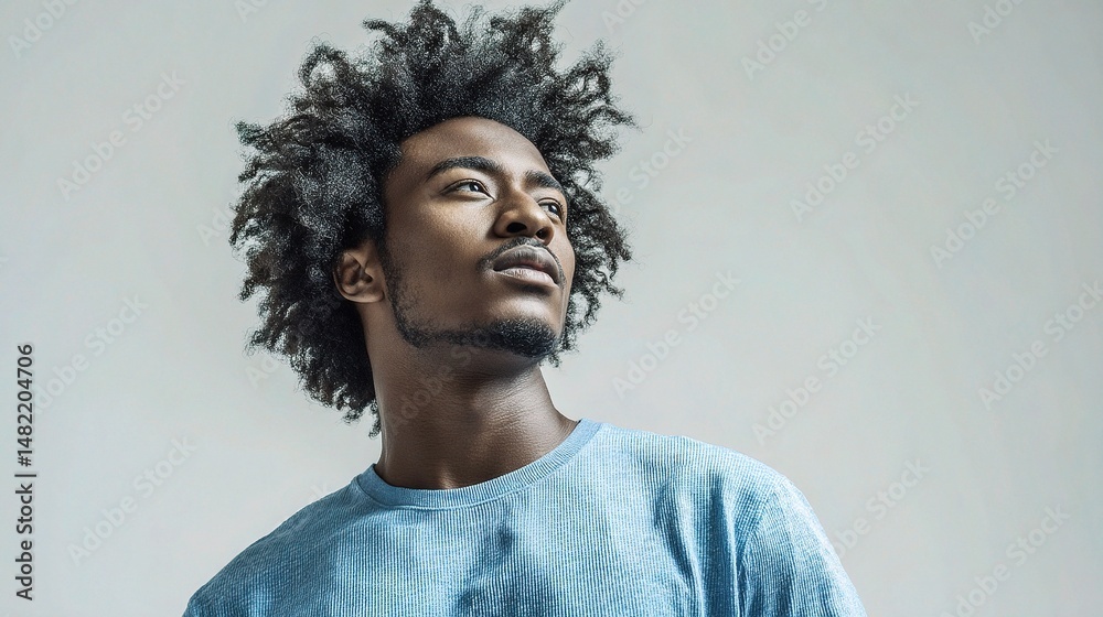 Obraz premium Confident Man with Textured Afro Hair in Blue Tee Shirt