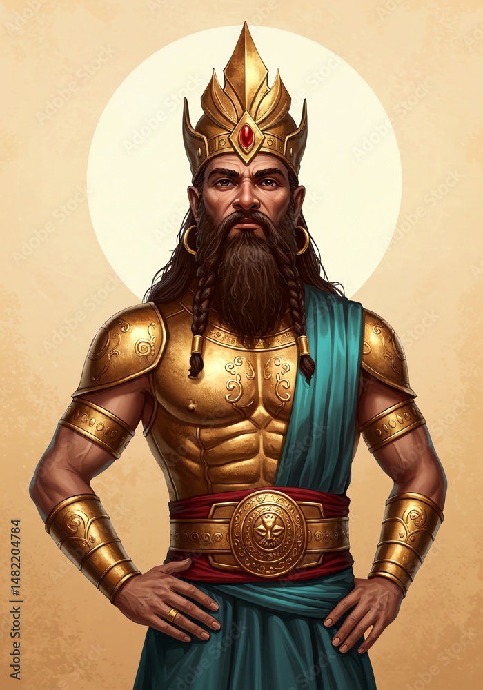 Obraz premium Man Wearing Golden Armor and Crown Standing Proudly