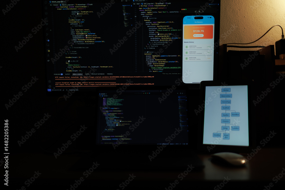 A focused app developer working on code at a computer, creating and testing features for a modern mobile application.