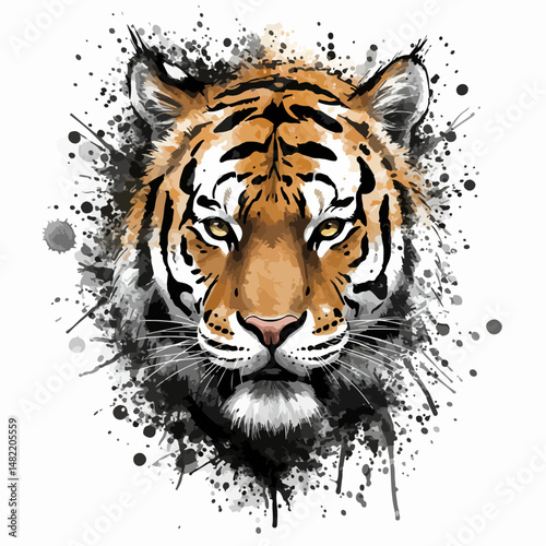 Watercolor art depiction of a tiger's face, featuring intricate details and expressive colors, exuding power and elegance. A captivating representation of wildlife and artistic creativity