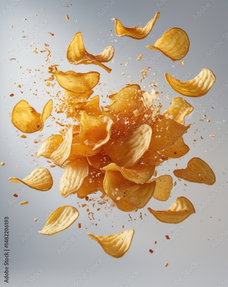 © Nima - Crispy potato chips flying with spices in mid-air explosion