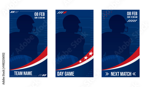 American Football Social Media Set. Vertical Templates with Player Silhouette in Red, White, and Blue Colors. Vector template