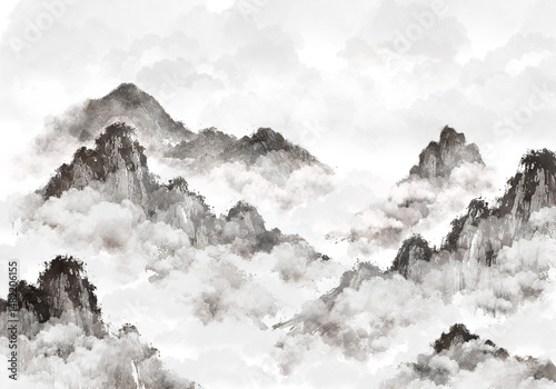 수묵화 기법으로 그린 풍경 산수화 손그림 일러스트.