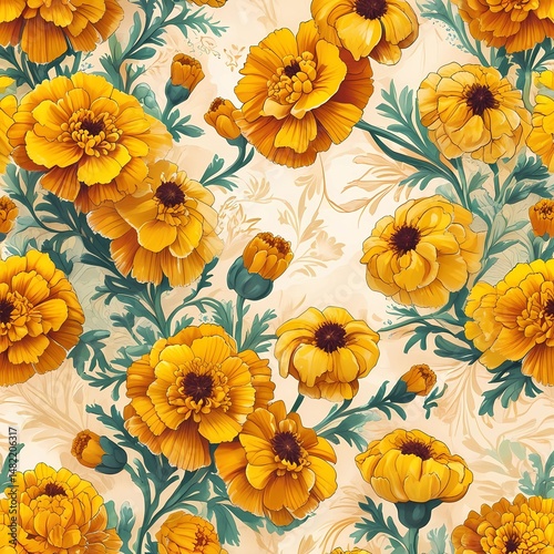 Wallpaper Mural seamless pattern of vibrant yellow marigold flowers with green leaves, generative ai Torontodigital.ca