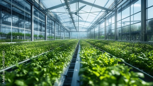 Interior of a Modern Greenhouse with Growing Crops