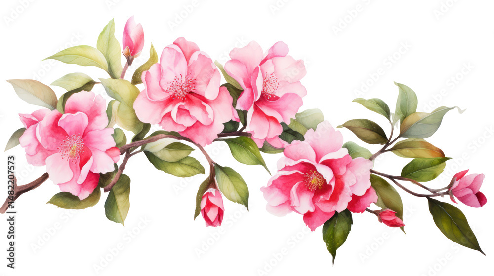 Fototapeta premium Watercolor Branch with Bright Pink Camellia Flowers and Leaves — Botanical Clipart on Transparent Background