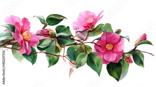 Watercolor Branch with Bright Pink Camellia Flowers and Leaves — Botanical Clipart on Transparent Background