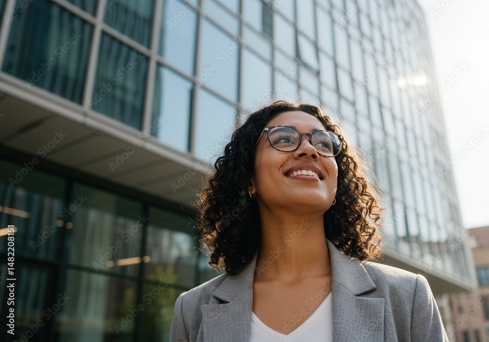 Fototapeta premium Young businesswoman looks up hopefully in front of a modern office building on a sunny day