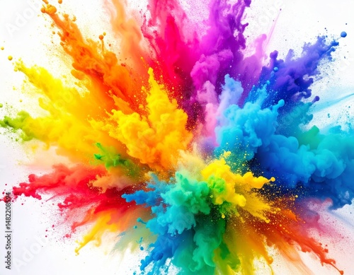 Rainbow powder explosion over white background